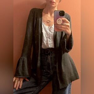 Bell Sleeved Open Front Cardigan With Ruffle Hem